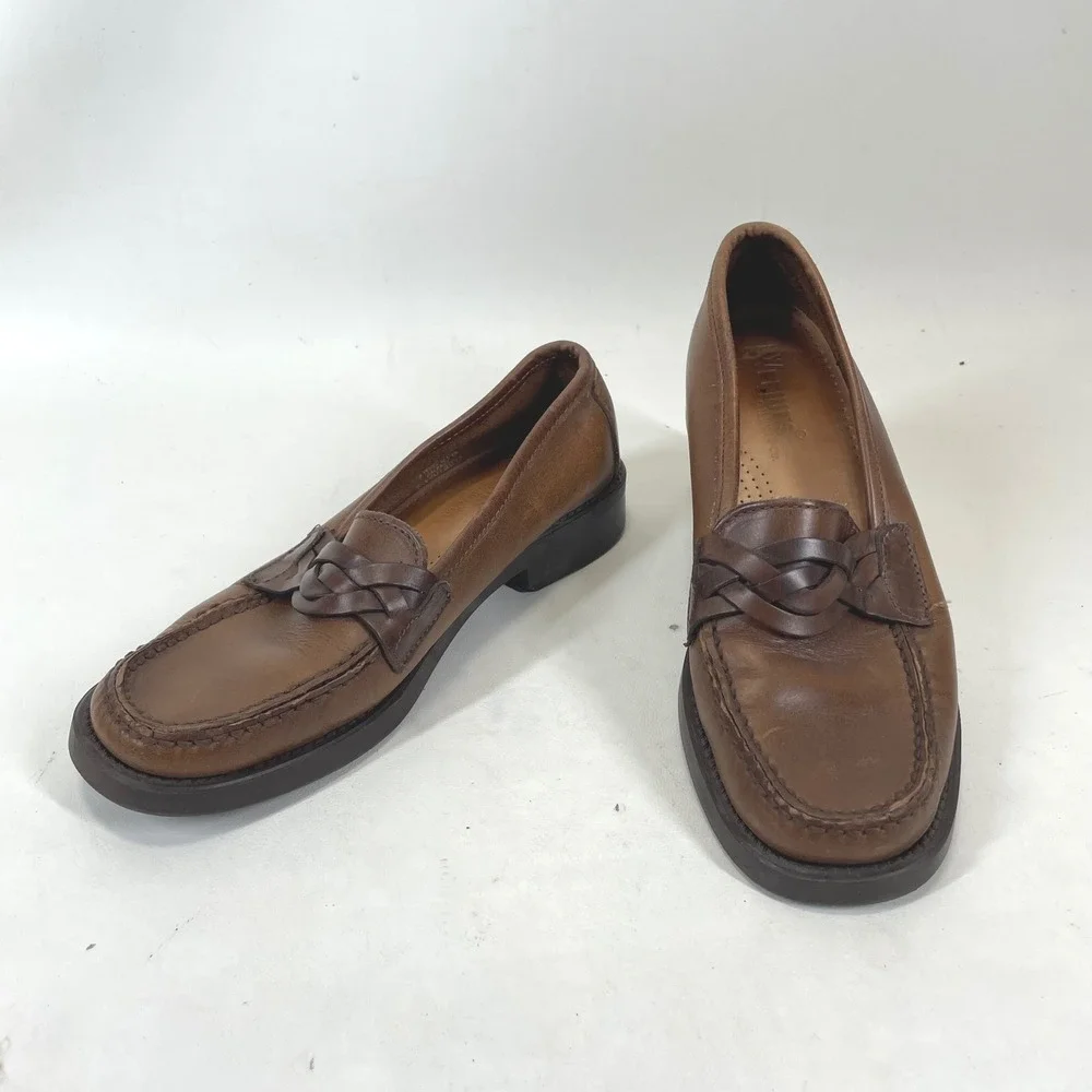 GH Bass Weejuns Mens 6 Brown Leather Braided Strap Moc Toe Loafers Shoes